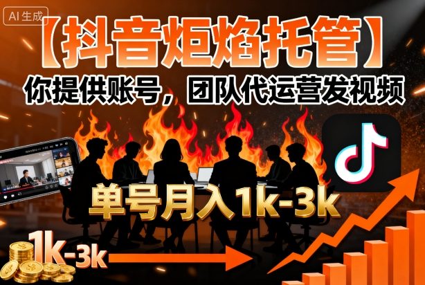 【抖音炬焰托管】你提供账号，团队代运营发视频，单号月入1k+【揭秘】-快名资源网