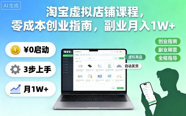 淘宝虚拟店铺课程，零成本创业指南，副业月入1W+-快名资源网