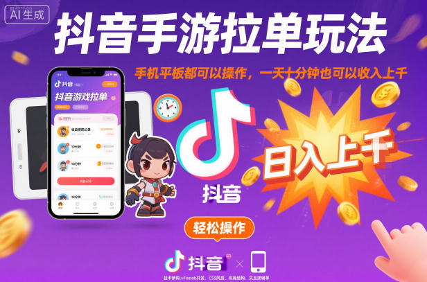 抖音手游拉单玩法，手机平板都可以操作，一天十分钟也可以收入上K【揭秘】-快名资源网