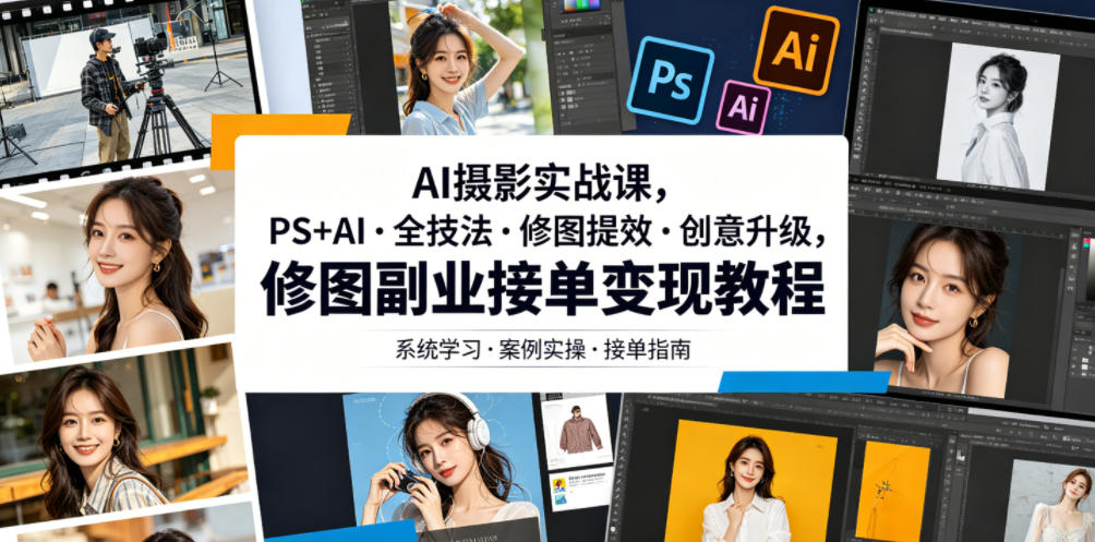 AI摄影实战课，PS+AI・全技法・修图提效・创意升级，修图副业接单变现教程-快名资源网