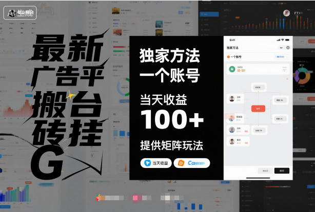 最新广告平台搬砖挂G，独家方法，一个账号，当天收益100+，提供矩阵玩法【揭秘】-快名资源网