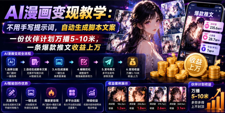 AI漫画变现教学：不用手写提示词，自动生成脚本文案，一份伙伴计划万播5-10米，一条爆款推文收益上W-青虫资源网