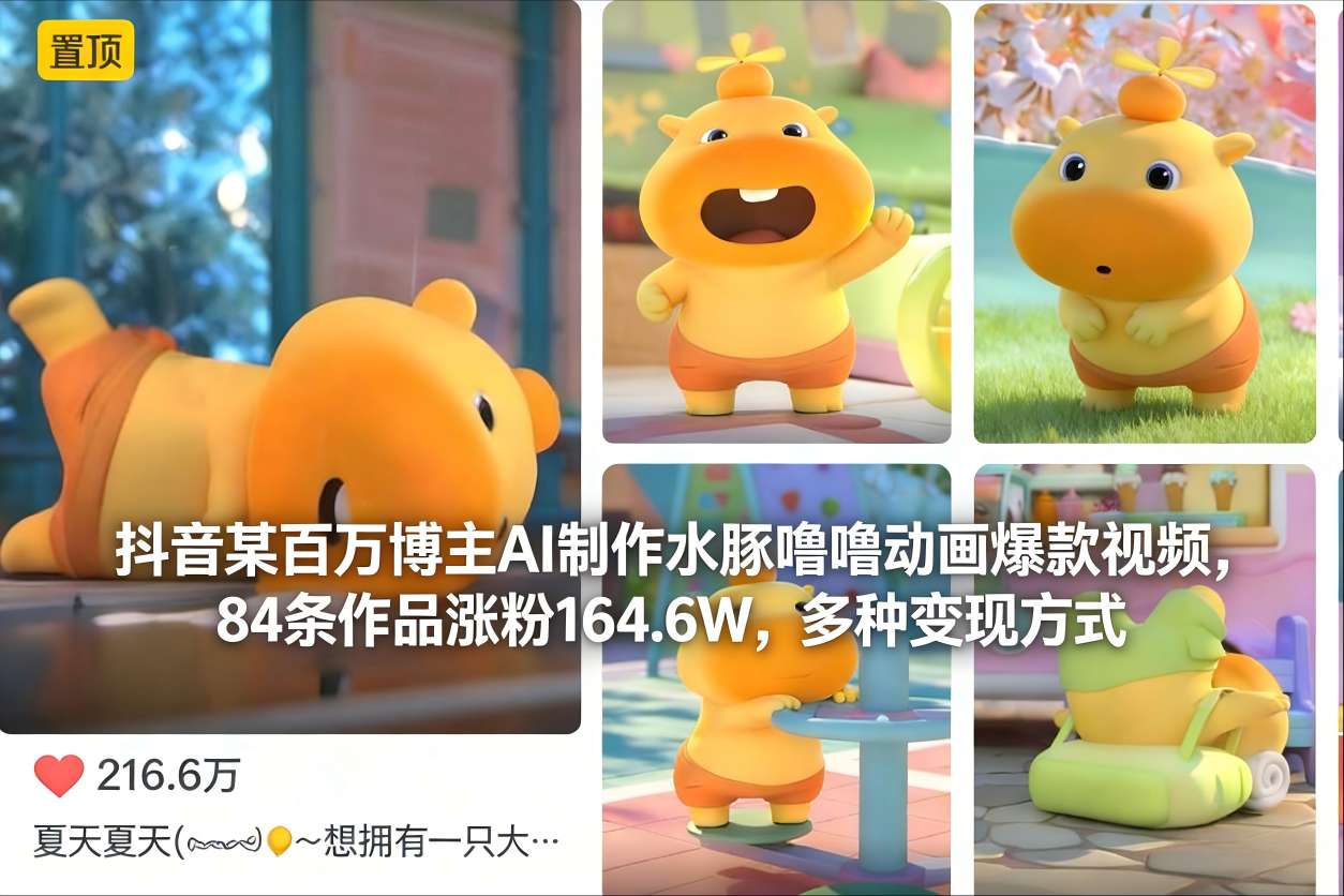 抖音某百万博主AI制作水豚噜噜动画爆款视频，84条作品涨粉164.6W，多种变现方式-快名资源网