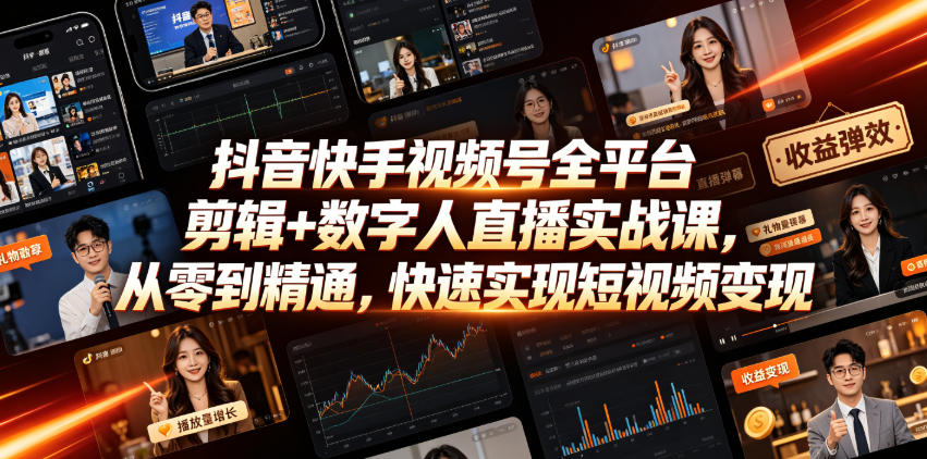抖音快手视频号全平台剪辑+数字人直播实战课，从零到精通，快速实现短视频变现(更新2026年6月)​-青虫资源网