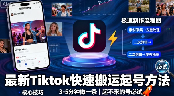 最新Tiktok快速搬运快速起号方法，3-5分钟做一条，起不来的号可以试试-快名资源网