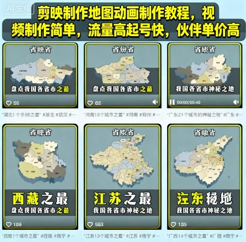 剪映制作地图动画制作教程，视频制作简单，流量高起号快，伙伴单价高-青虫资源网