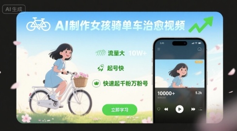 AI制作女孩骑单车治愈视频，流量大，起号快，快速起千粉万粉号-快名资源网