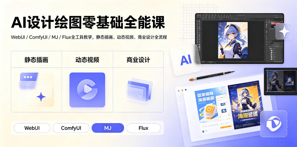 AI设计绘图零基础全能课｜WebUI/ComfyUI/MJ/Flux全工具教学，静态插画、动态视频、商业设计全流程-青虫资源网