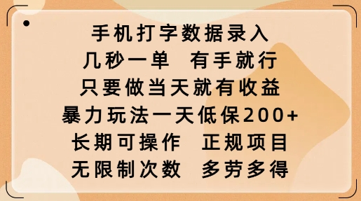 手机打字数据录入，几秒一单，有手就行，只要做当天就有收益，暴力玩法一天低保2张-快名资源网