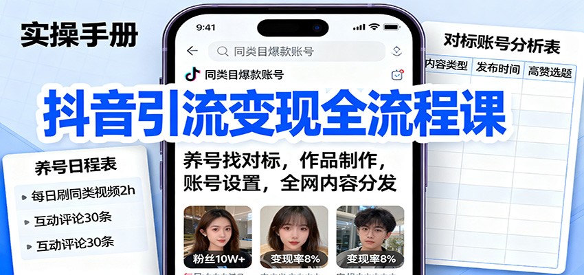 抖音引流变现全流程课：养号找对标，作品制作，账号设置，全网内容分发-快名资源网