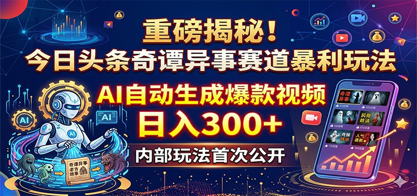 重磅揭秘！今日头条奇谭异事赛道暴利玩法：AI自动生成爆款视频，日入300+-青虫资源网
