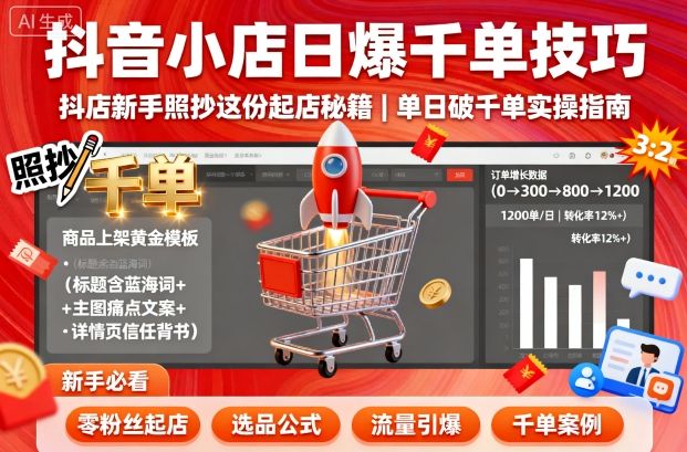 抖音小店日爆千单技巧，抖店新手照抄这份起店秘籍，单日破千单-青虫资源网