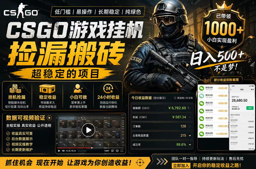 CSGO游戏搬砖，全自动挂G，不需要玩游戏，手机操作日入300+，解放双手【揭秘】-快名资源网