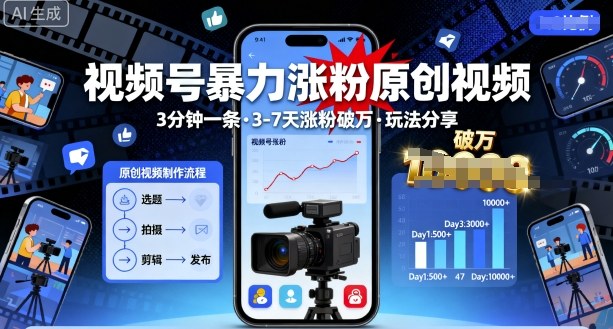 视频号暴力涨粉原创视频，3分钟一条原创视频，3-7天涨粉破万，玩法分享给你-快名资源网