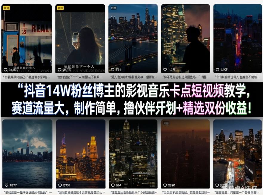 抖音14W粉丝博主的影视音乐卡点短视频教学，赛道流量大，制作简单，撸伙伴计划+精选双份收益！-快名资源网