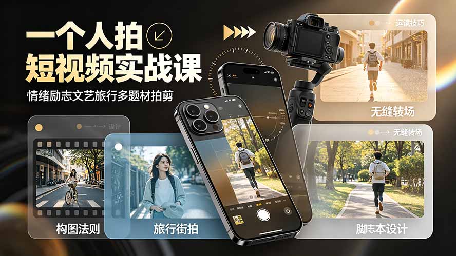 一个人拍短视频实战课：情绪励志文艺旅行多题材×五大景别×黄金构图×八大运镜，从拍摄到成片高效创作-青虫资源网