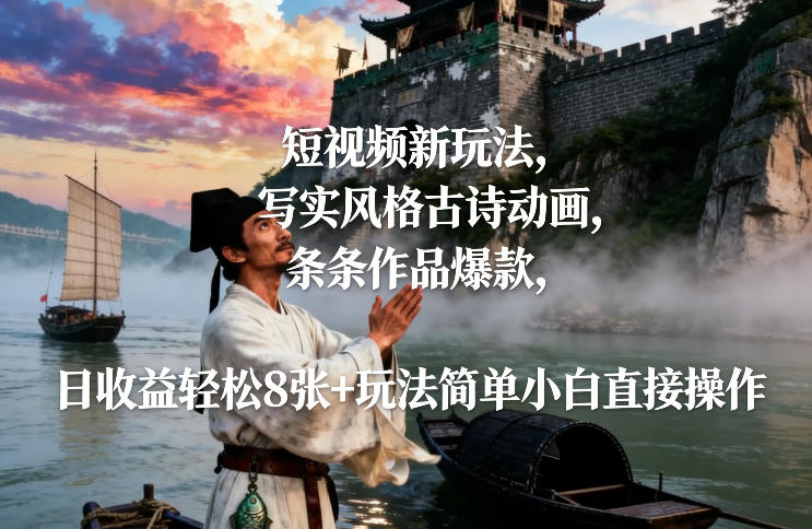 短视频新玩法，写实风格古诗动画，条条作品爆款，日收益轻松8张+玩法简单小白直接操作-快名资源网