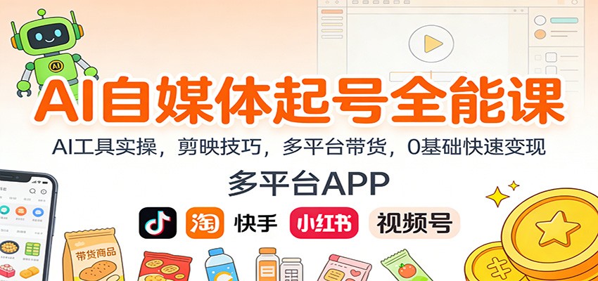 AI自媒体起号全能课：AI工具实操，剪映技巧，多平台带货，0基础快速变现-快名资源网