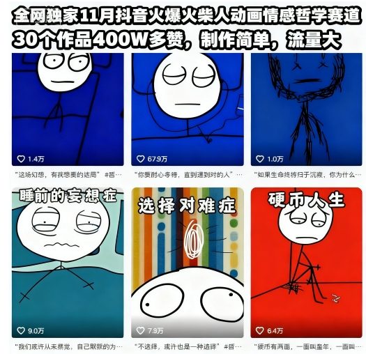 全网独家11月抖音火爆火柴人动画情感哲学赛道，30个作品400W多赞，制作简单，流量大【教学+素材】-快名资源网