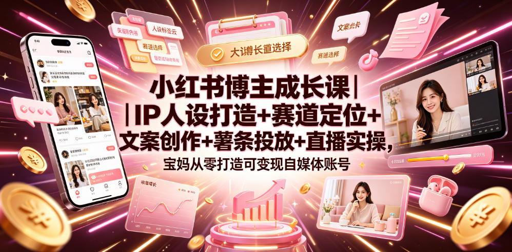 小红书博主成长课｜IP人设打造+赛道定位+文案创作+薯条投放+直播实操，宝妈从零打造可变现自媒体账号-青虫资源网