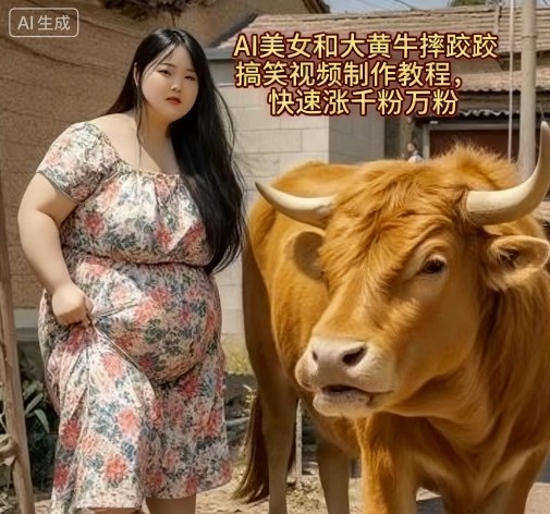 AI美女和大黄牛摔跤搞笑荒诞视频制作教程，快速涨千粉万粉-快名资源网