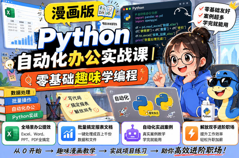 漫画版Python自动化办公实战课｜零基础趣味学编程，全场景办公提效、批量搞定报表文档、解放双手进阶职场-青虫资源网