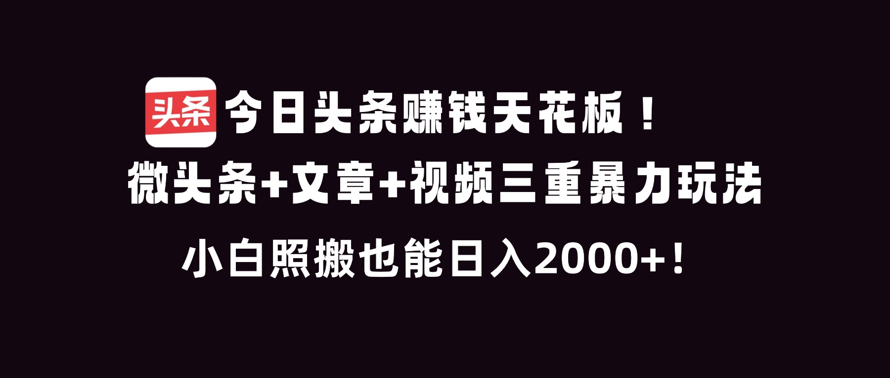 今日头条赚钱天花板！微头条+文章+视频三重暴利玩法，小白照搬也能日人2000+-快名资源网