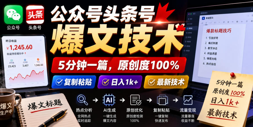 公众号头条号爆文技术，5分钟一篇，原创度100%，复制粘贴，日入1k+，最新技术【揭秘】-快名资源网