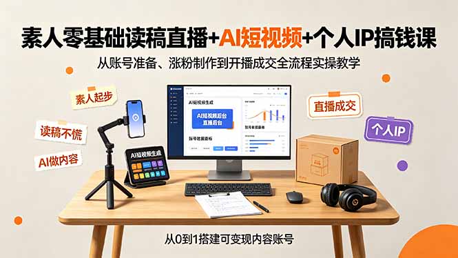 素人零基础读稿直播+AI短视频+个人IP搞钱课，从账号准备、涨粉制作到开播成交全流程实操教学-青虫资源网