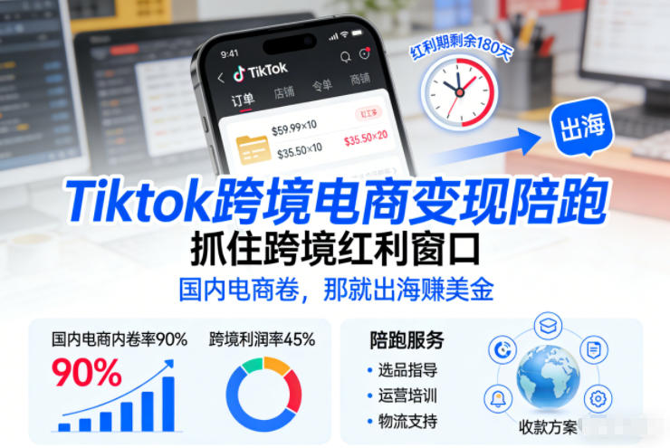 Tiktok跨境电商变现陪跑，抓住跨境红利窗口，国内电商卷，那就出海賺美金-快名资源网