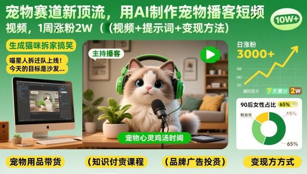 宠物赛道新顶流，用AI制作宠物播客短视频，1周涨粉2W(视频+提示词+变现方法)-青虫资源网