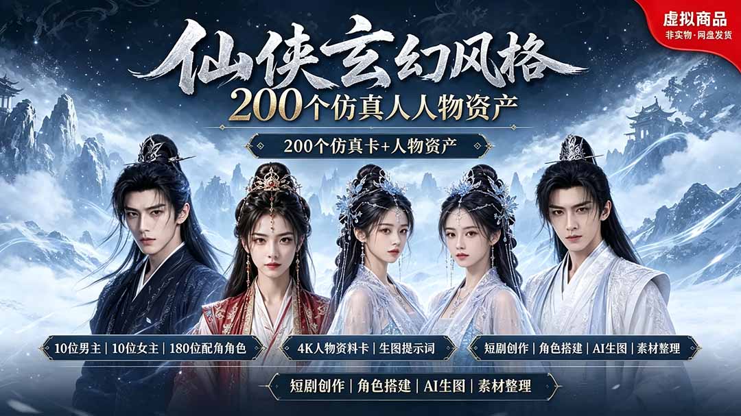 200个仙侠玄幻仿真人素材◆10男主×10女主×180配角，4K资料卡+AI生图提示词，漫剧必备-青虫资源网