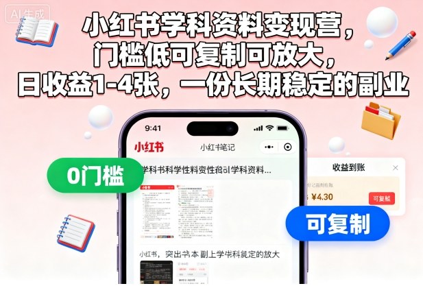 小红书学科资料变现营，门槛低可复制可放大，日收益1-4张，一份长期稳定的副业-快名资源网
