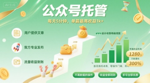 【公众号托管 】我提供文章，你发布，每天5分钟，单篇最高收益1k+【揭秘】-快名资源网