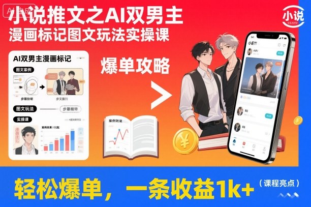 小说推文之AI双男主漫画标记图文玩法实操课，轻松爆单，一条收益1k+-快名资源网