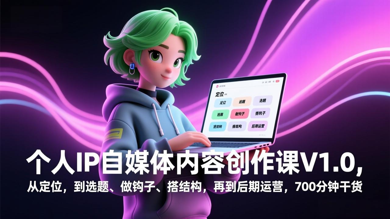 个人IP自媒体内容创作课V1.0，从定位，到选题、做钩子、搭结构，再到后期运营，700分钟干货-快名资源网