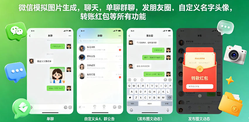 微信模拟图片生成，聊天，单聊群聊，发朋友圈，自定义名字头像，转账红包等所有功能都可以生成-快名资源网