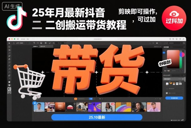25年10月最新抖音二创搬运带货教程，剪映即可操作，可过抖加-快名资源网