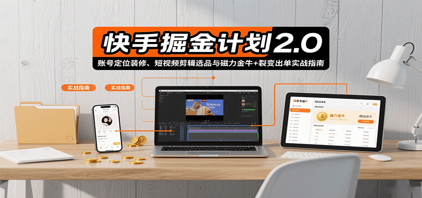 快手掘金计划2.0，账号定位装修、短视频剪辑选品与磁力金牛+裂变出单实战指南-快名资源网