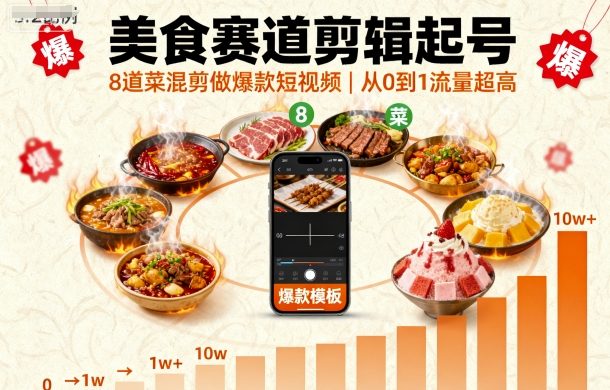 美食赛道剪辑起号，8道菜混剪做爆款短视频，从0到1，流量超高-快名资源网