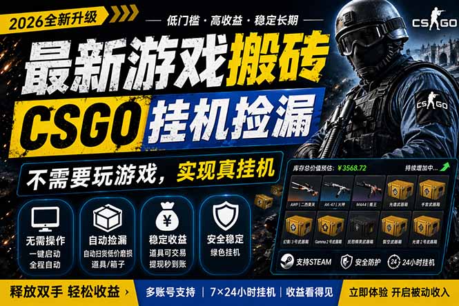 最新游戏搬砖，CSGO纯挂机，不需要玩游戏，实现真挂机，月入1W+，五一小高峰上车可吃肉，...-快名资源网