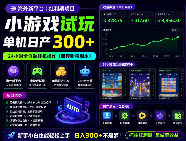 海外新平台，小游戏试玩，单机日产300+，24小时全自动挂G操作(课程附带脚本)【揭秘】-快名资源网