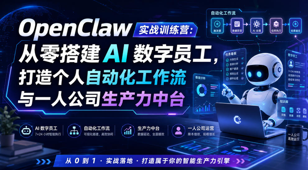 OpenClaw实战训练营：从零搭建AI数字员工，打造个人自动化工作流与一人公司生产力中台-青虫资源网