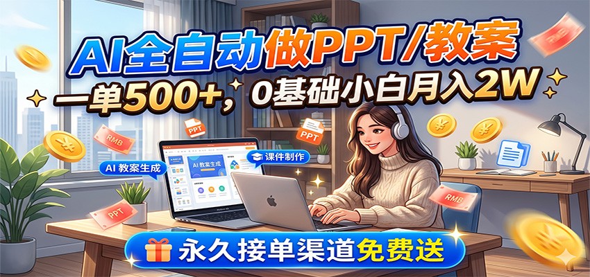 AI全自动做PPT/教案，一单500+，0基础小白月入2W，永久接单渠道免费送-快名资源网