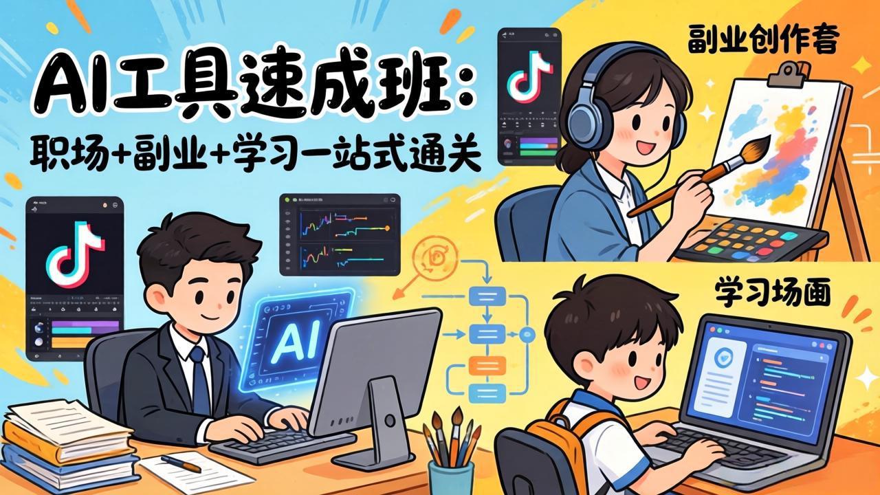 AI工具速成班：职场+副业+学习一站式通关，20+爆款类型+剪映技巧+抖音算法，0基础快速上手-快名资源网