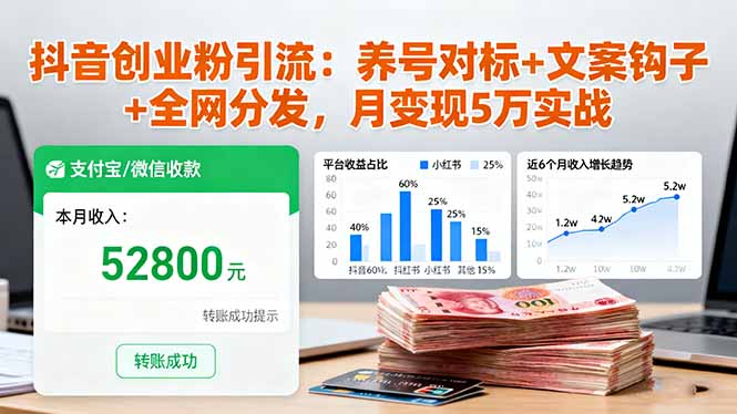 抖音创业粉引流：养号对标+文案钩子+全网分发，月变现5万实战-快名资源网