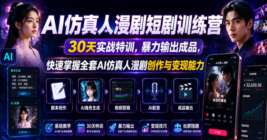 AI仿真人漫剧短剧训练营，30天实战特训，暴力输出成品，快速掌握全套AI仿真人漫剧创作与变现能力-快名资源网