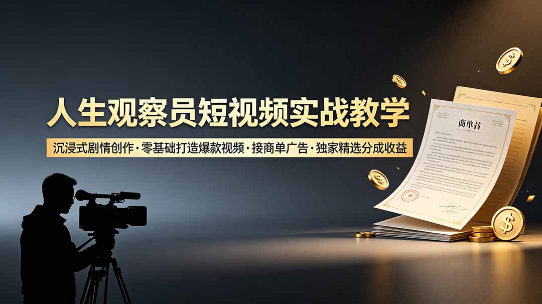 人生观察员短视频实战教学，沉浸式剧情创作，零基础打造爆款视频，接商单广告，独家精选分成收益-青虫资源网