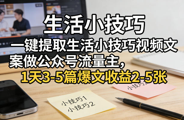 一键提取生活小技巧视频文案做公众号流量主，1天3-5篇爆文收益2-5张-快名资源网