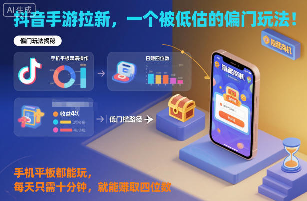 抖音手游拉新，一个被低估的偏门玩法！手机平板都能玩，每天只需十分钟，就能賺取四位数【揭秘】-快名资源网